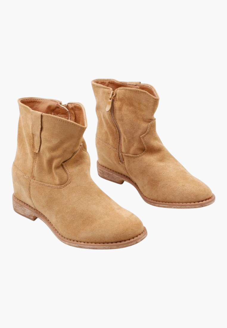 Falio camel brown faux suede ankle boots with a round toe, side zipper, and comfortable low heel for women