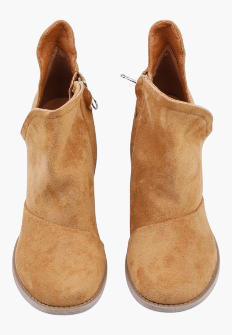 Falio camel faux suede ankle boots with a stable block heel and side zip closure for a stylish, comfortable fit.