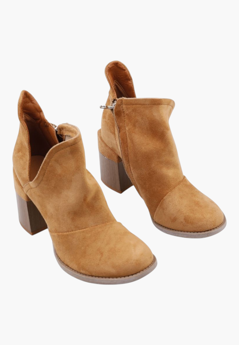 Falio camel faux suede ankle boots with a stable 7cm block heel and side cut-out details for a stylish look