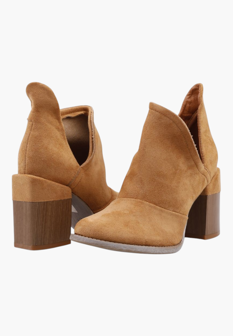 Falio camel faux suede ankle boots with a 7cm block heel and side cut-out details for a stylish, comfortable fit.