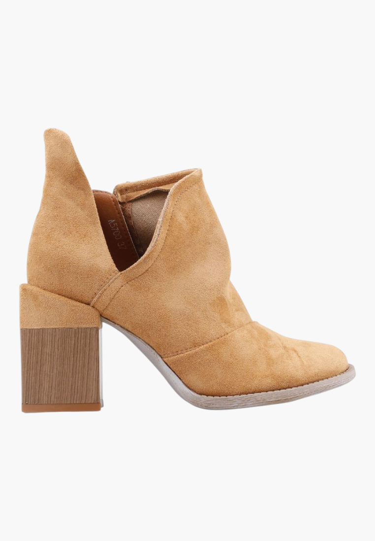 Falio camel faux suede ankle boots with a 7cm block heel and side cut-out detailing for a stylish look.