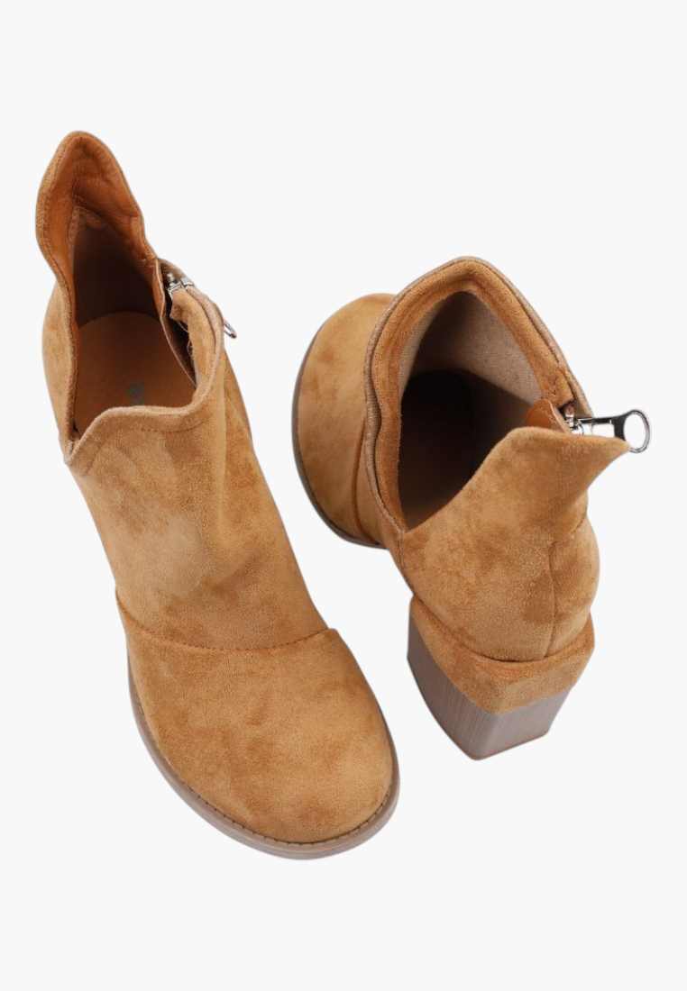 Falio camel faux suede ankle boots with a stable 7cm block heel and side zip closure for easy wear