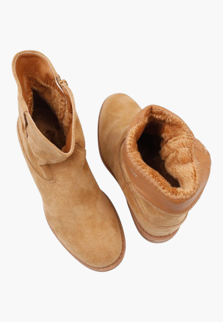 Falio camel faux suede ankle boots with round toe, side zipper, and warm faux fur lining for winter comfort.