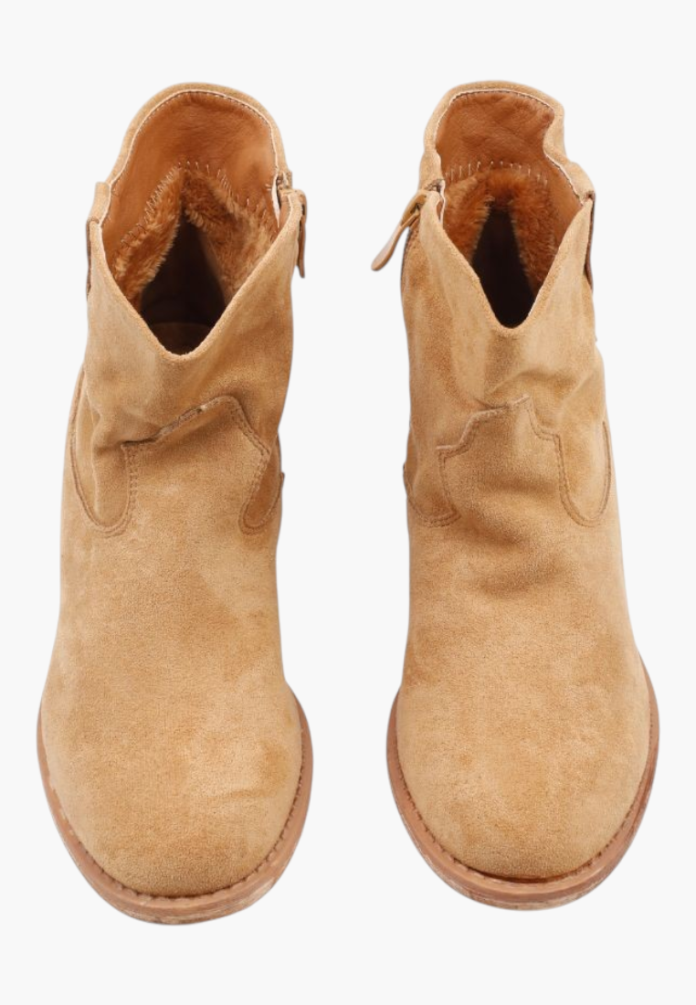 Falio camel faux suede ankle boots with fur lining, round toe, and side zipper closure for women.