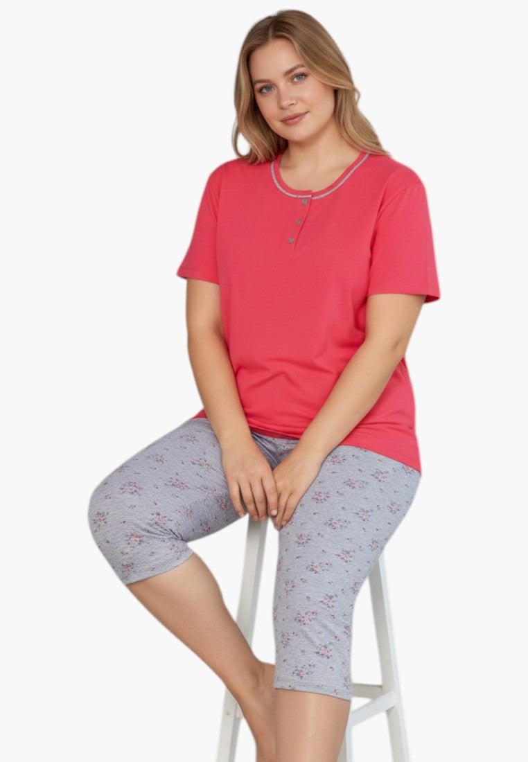Falio women's coral pink cotton short sleeve pajama top with button detail and floral print capri pants.