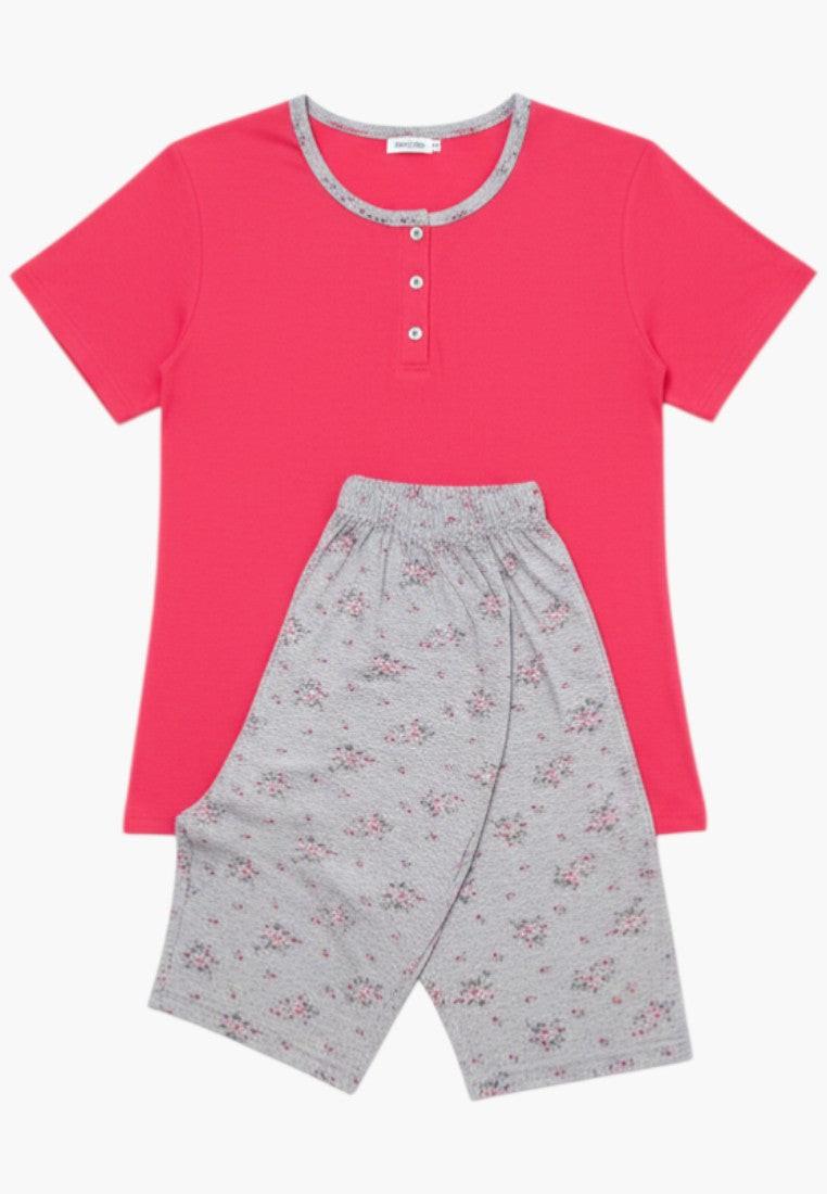 Falio women's coral pink cotton short sleeve pajama top with button detail and grey floral 3/4 pants.