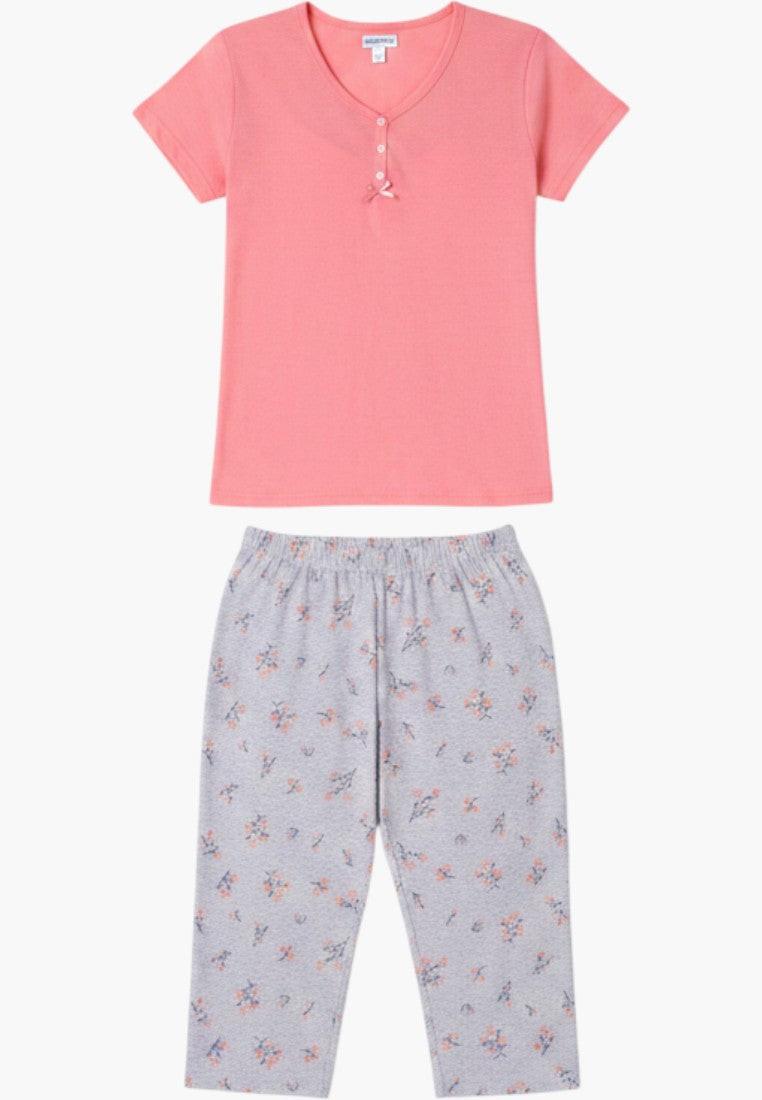 Falio coral pink cotton short sleeve pajama top with button detail and floral print 3/4 capri pants.