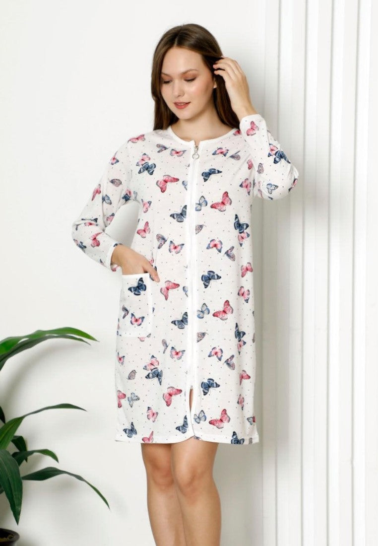 Falio cotton women's robe with a white base and colorful butterfly print, featuring long sleeves and front pockets.