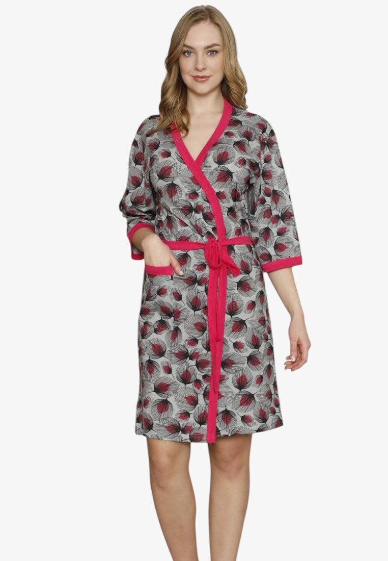 Falio cotton women's robe with short sleeves, floral print, pink trim, and tie waist in a knee-length style.