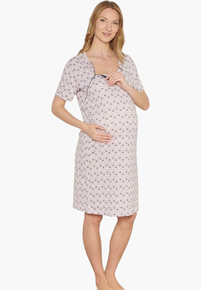Falio maternity nightgown in soft cotton with a heart pattern, short sleeves, and nursing-friendly design.