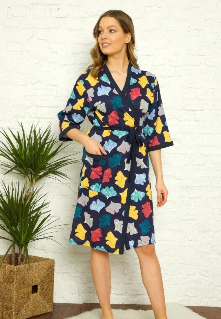 Falio women's cotton robe with short sleeves, featuring a colorful ginkgo leaf print on a navy blue background.