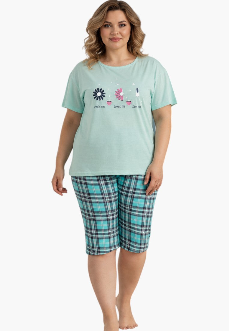 Falio cotton women's pajama set with a mint green floral graphic t-shirt and plaid capri pants