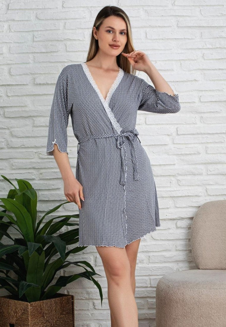 Falio cotton women's robe with short sleeves, lace trim, and a patterned design, worn by a model.