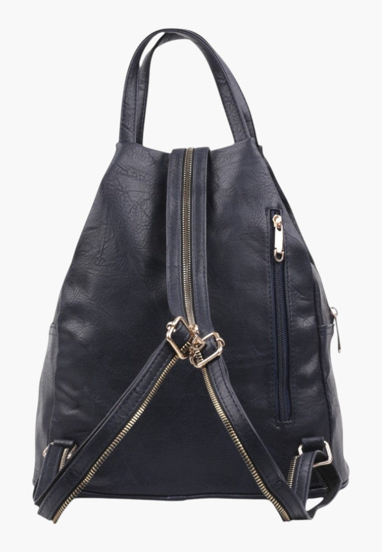 Falio urban backpack for women in dark blue faux leather with multiple zippered pockets and gold hardware