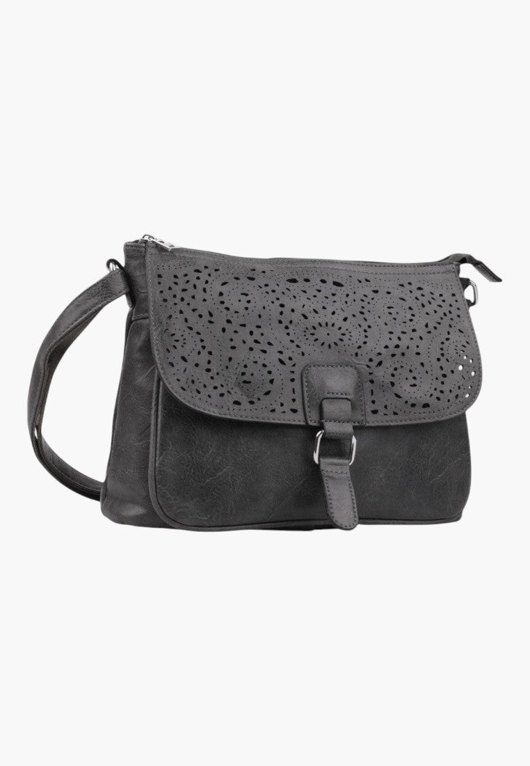 Falio elegant dark grey crossbody bag with a decorative laser-cut flap and adjustable shoulder strap