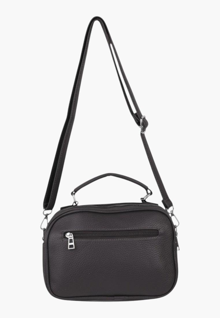 Falio dark grey faux leather crossbody bag with top handle, multiple zippered compartments, and adjustable strap.