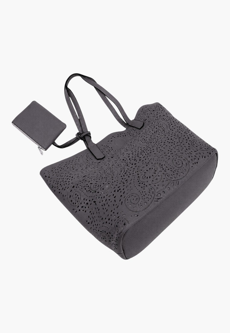 Falio dark grey eco-leather shopper bag with intricate laser-cut floral patterns and a matching small zip pouch.