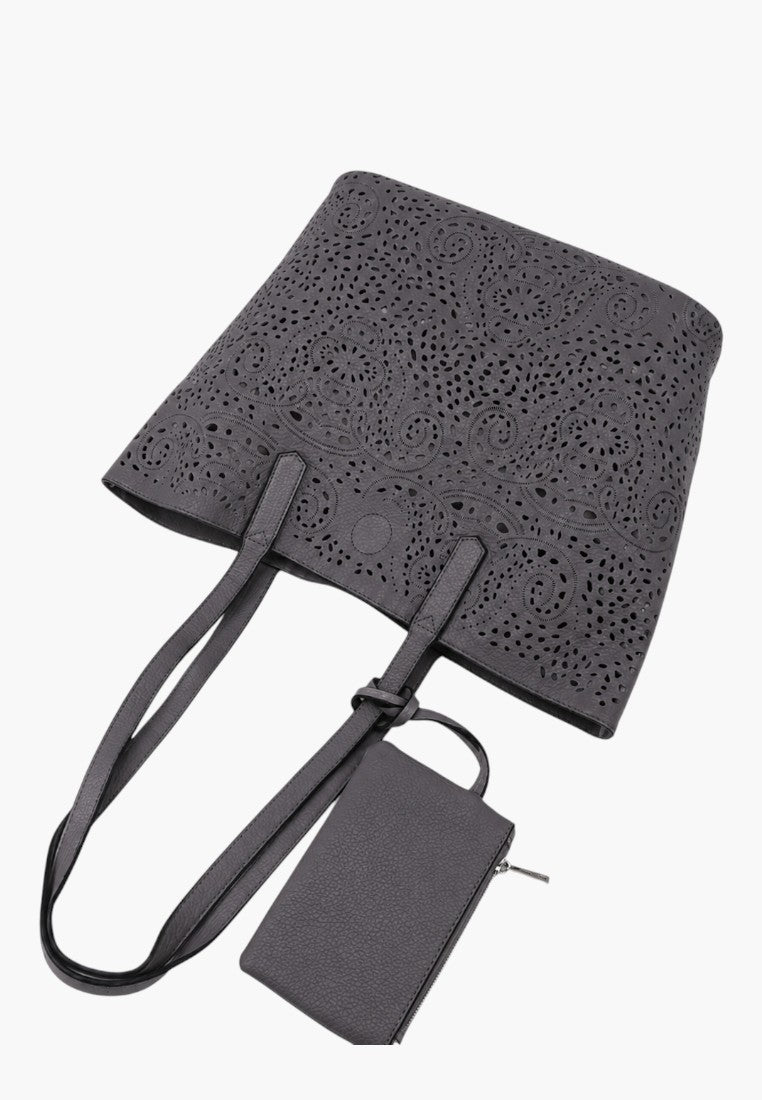 Falio dark grey eco-leather shopper bag with intricate laser-cut floral patterns and a matching small zip pouch