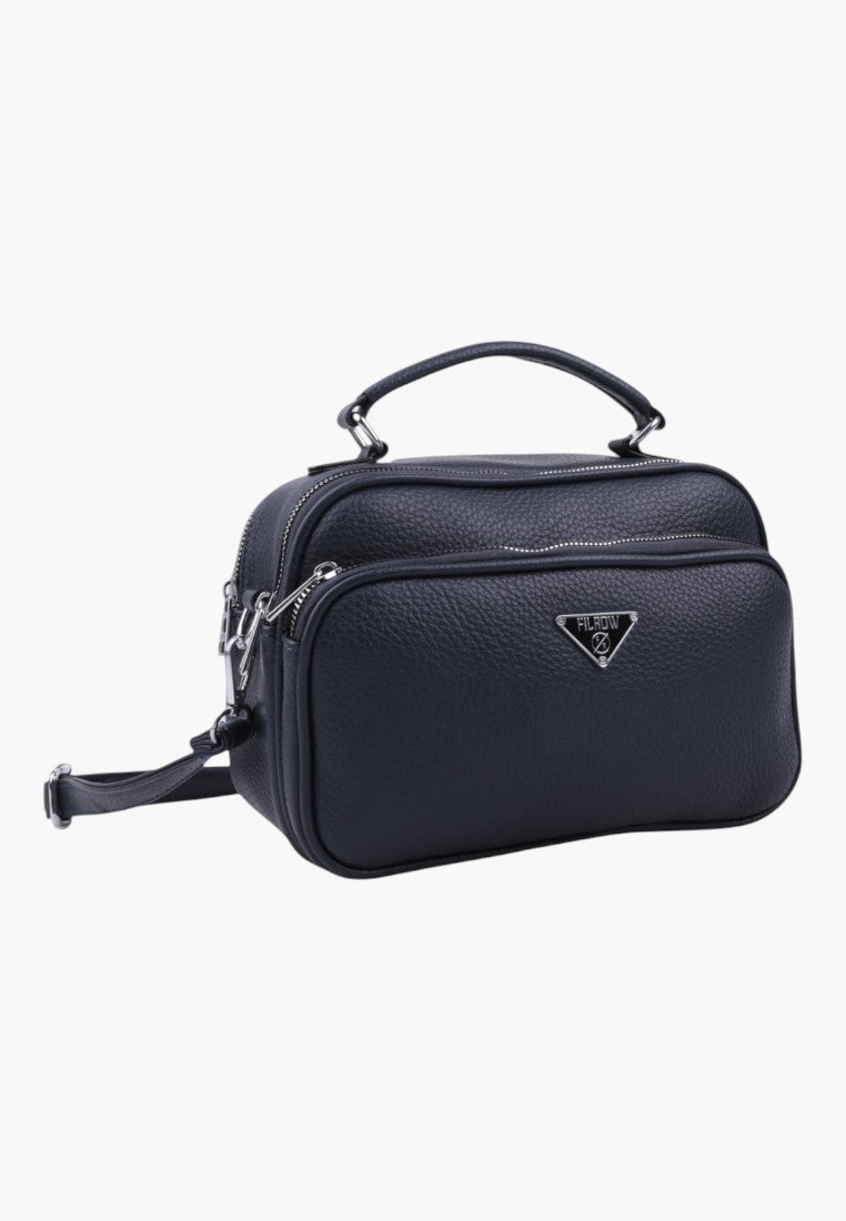Falio DBLUE black faux leather crossbody bag with top handle, silver hardware, and multiple zippered compartments.