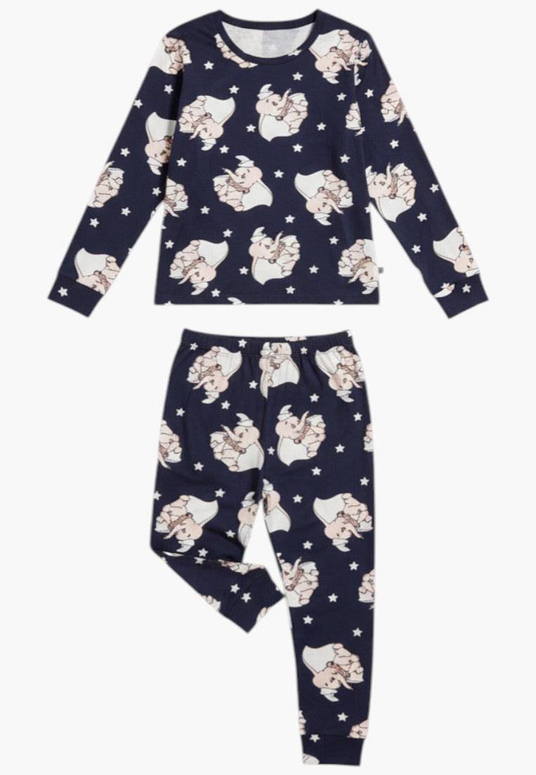 Falio navy blue 100% cotton two-piece pajama set with Dumbo print and white stars, round neck, long sleeves.