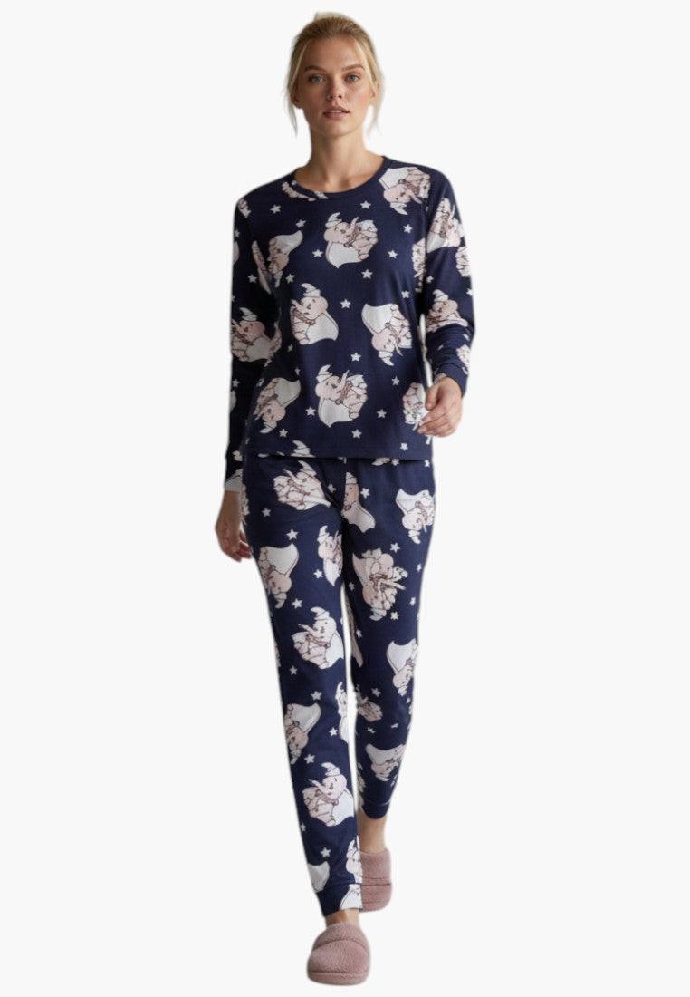 Falio navy blue 100% cotton two-piece pajama set with Dumbo print and stars, round neck, long sleeves.