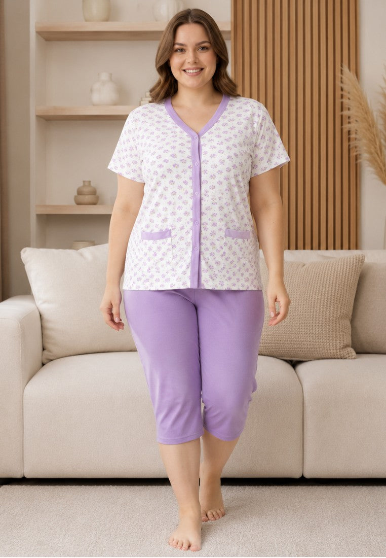 Falio women's 100% cotton pajama set with a floral print button-up top and solid lavender capri pants.