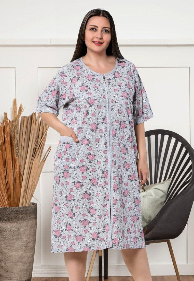 Falio plus size cotton robe in grey with a floral pattern, short sleeves, front zipper, and side pockets.