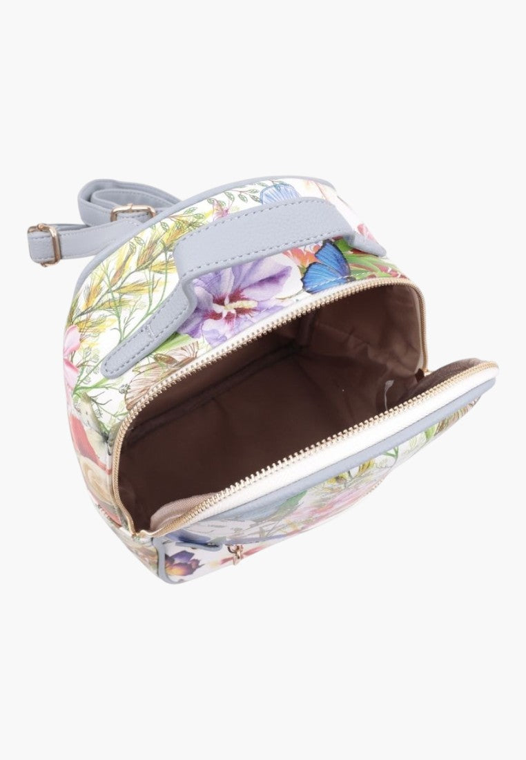 Falio urban backpack in faux leather with a colorful floral and butterfly print, featuring a zippered main compartment.