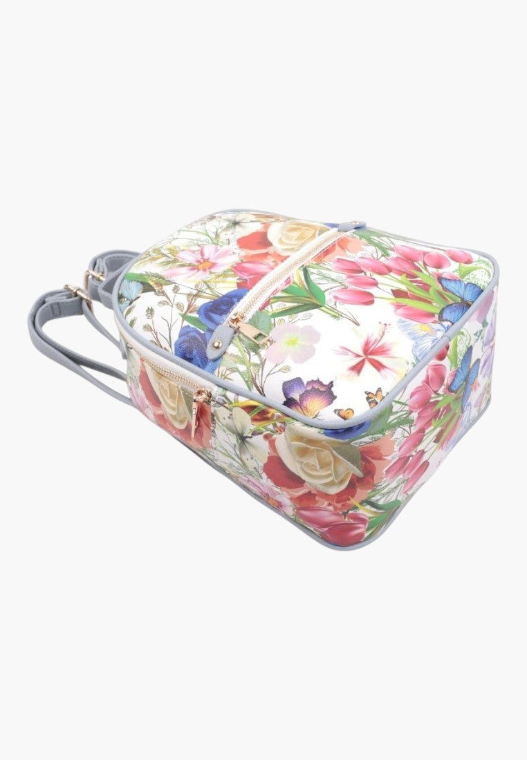 Falio urban backpack in faux leather with a vibrant floral and butterfly print, featuring a zip closure.