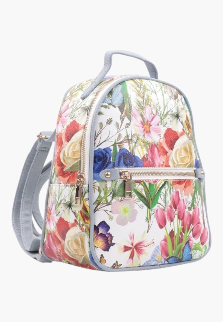 Falio floral print faux leather urban backpack with a front zip pocket and light grey straps