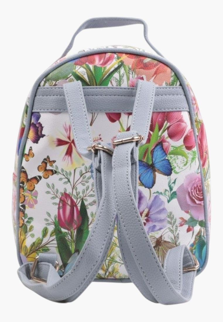 Falio floral print faux leather urban backpack with light grey straps and back view