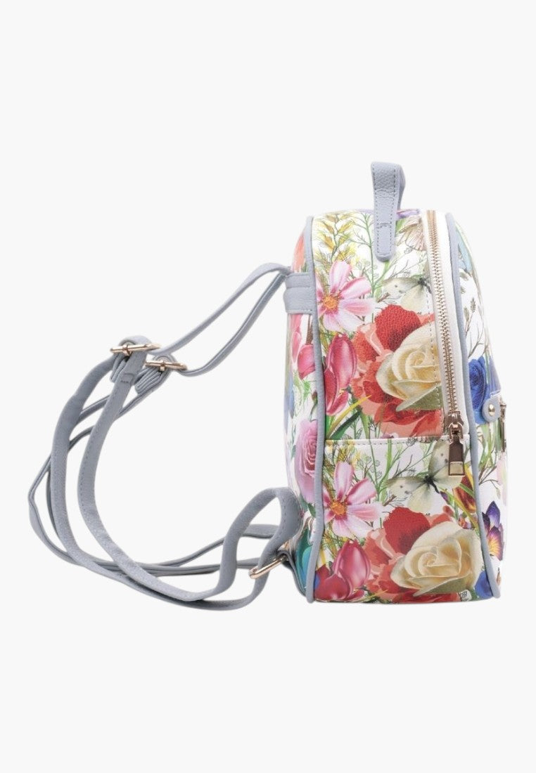 Falio floral print faux leather urban backpack with grey straps and side view showing zippered compartments