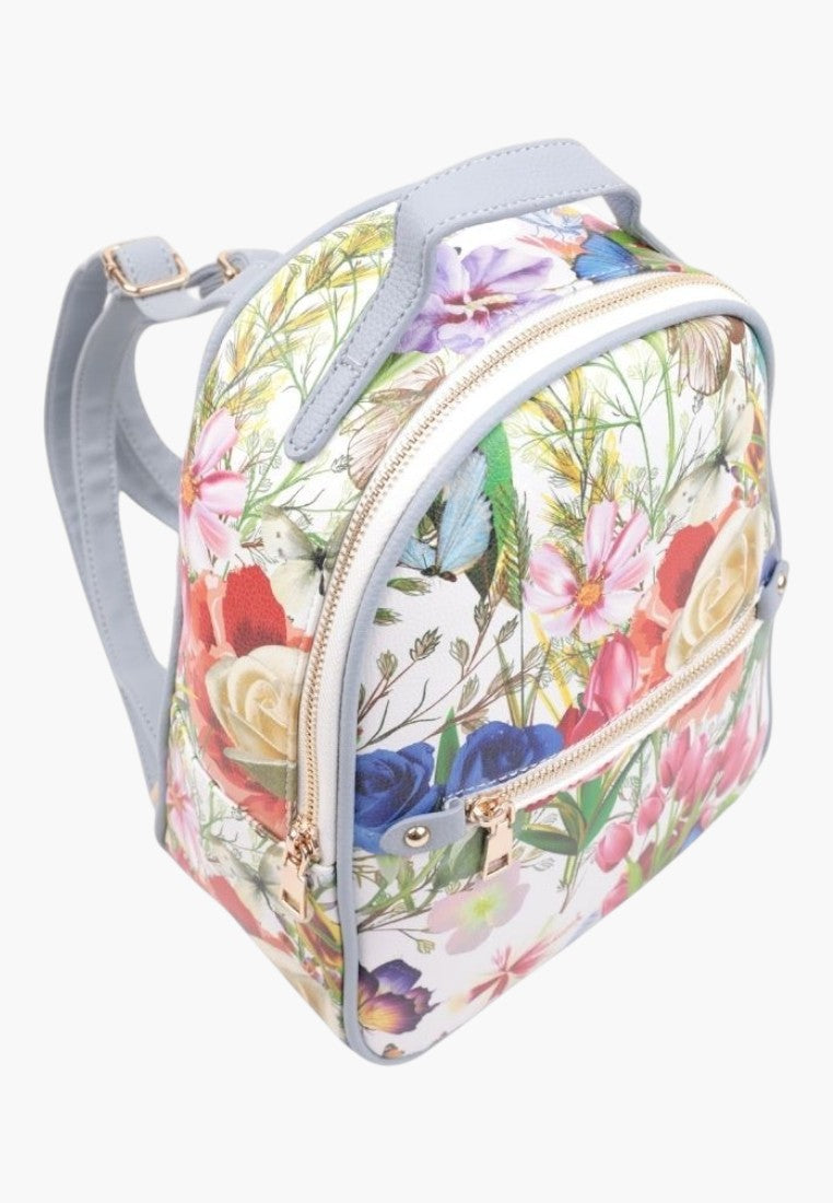 Falio floral print faux leather urban backpack with light blue straps and gold zipper details