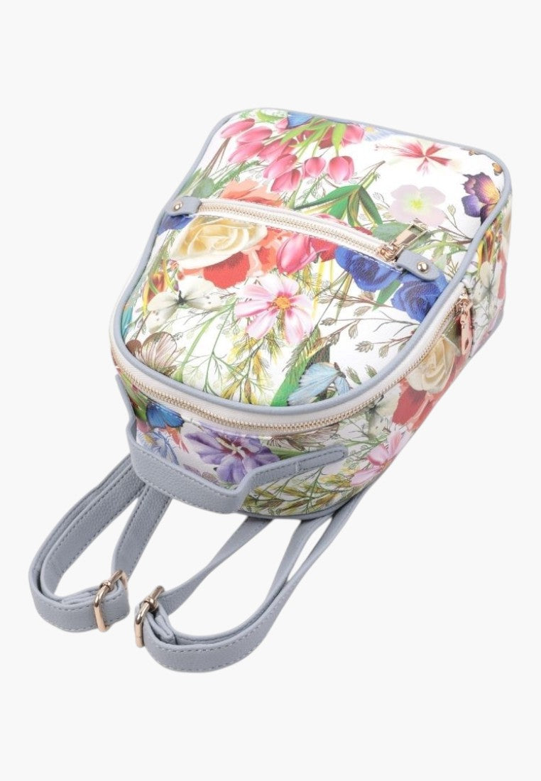 Falio floral print faux leather urban backpack with light blue straps and gold zipper details