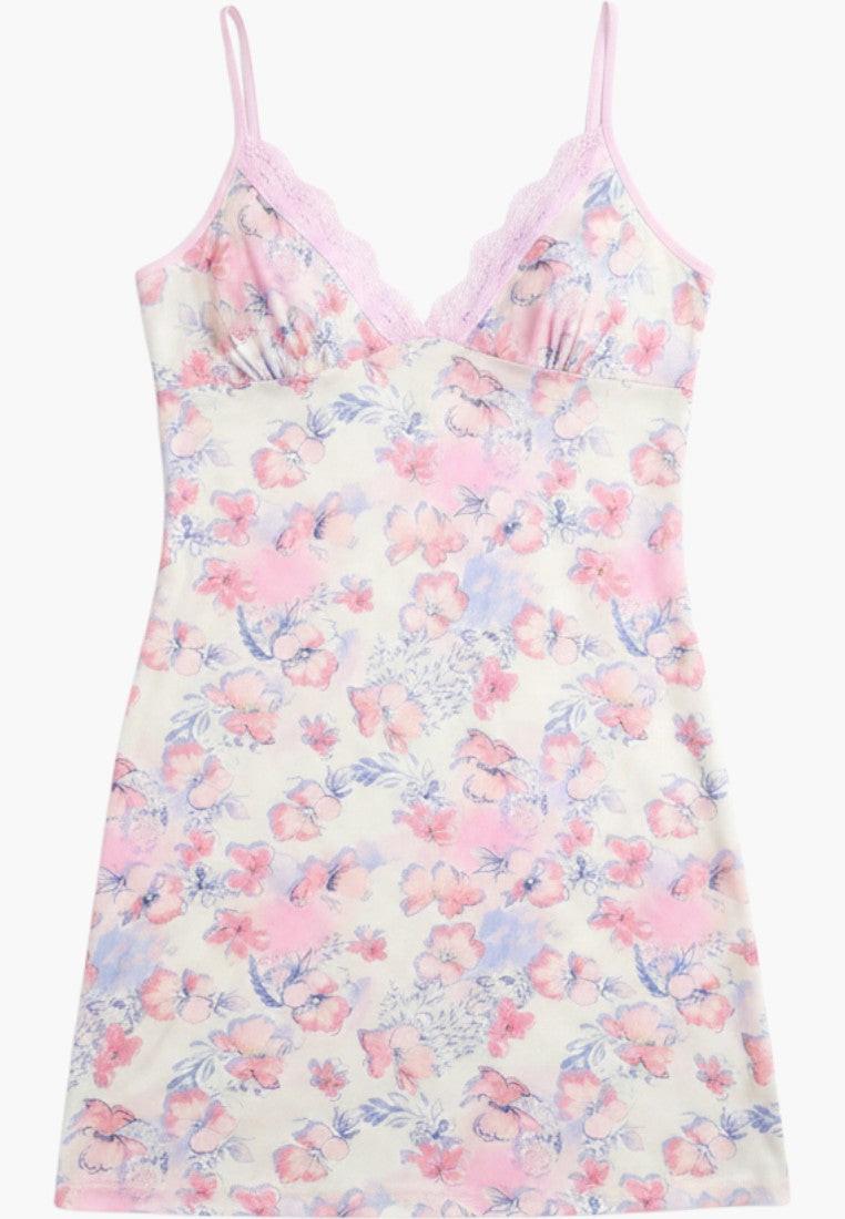 Falio women's floral print slip nightgown with lace trim. Short, spaghetti strap, comfortable sleepwear.
