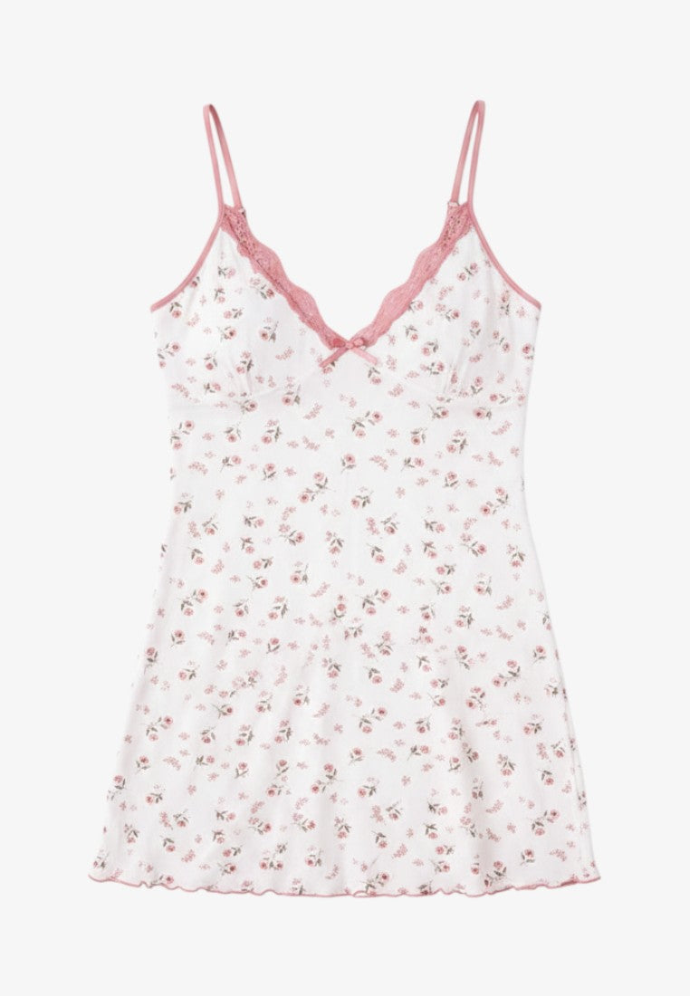Falio floral viscose nightdress with V-neck, lace trim, and spaghetti straps in white and pink.