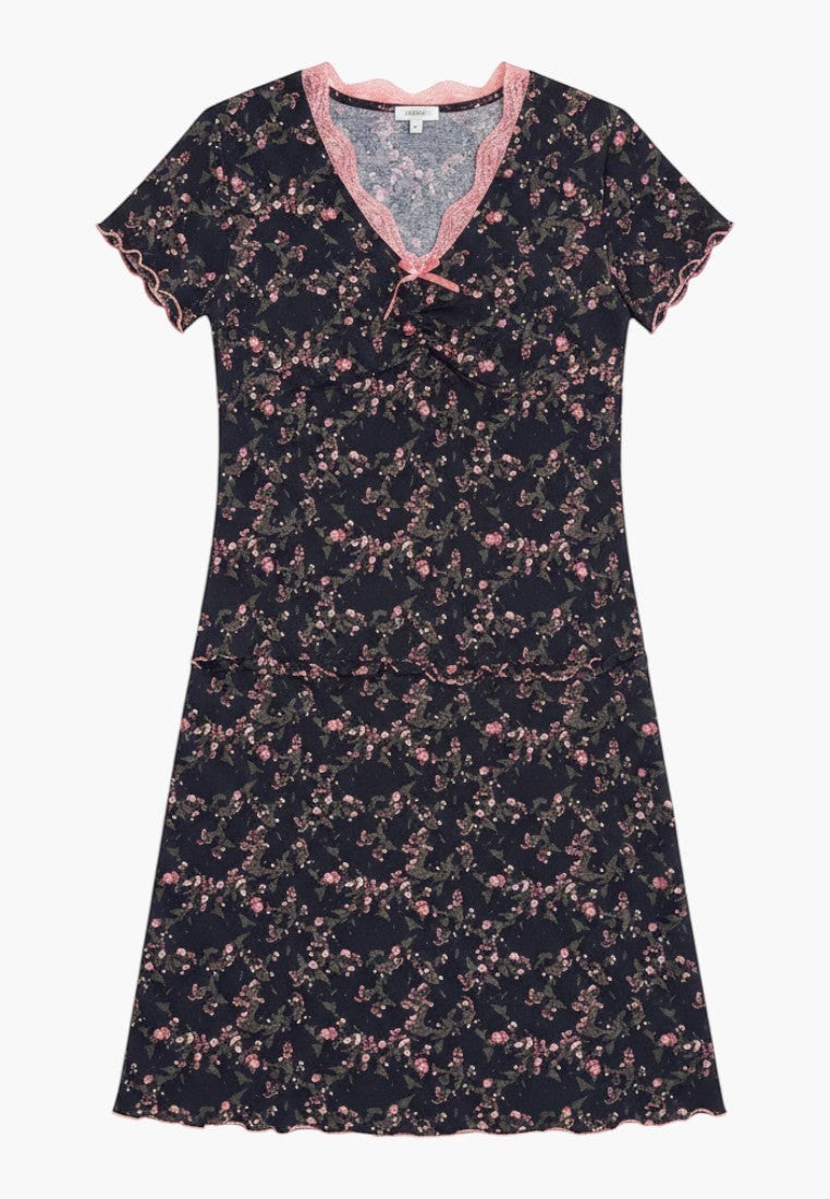 Falio floral print viscose nightgown with short sleeves, V-neckline, and delicate pink lace trim details.