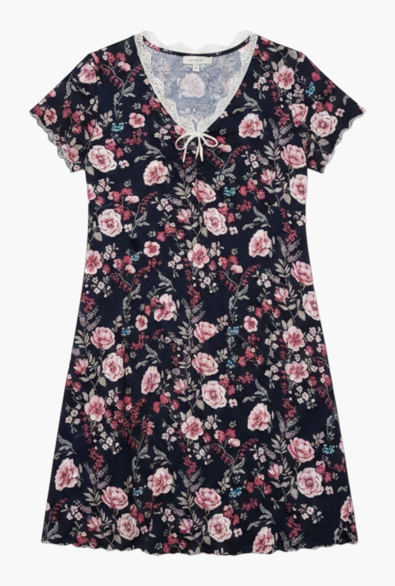 Falio floral print viscose nightgown with short sleeves, V-neckline, and delicate lace trim detail.