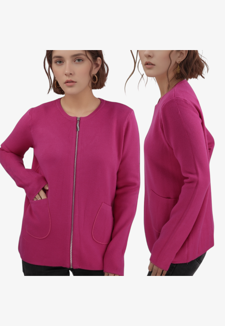 Falio plus size fuchsia viscose cardigan with a round neck, long sleeves, front zipper, and two side pockets.