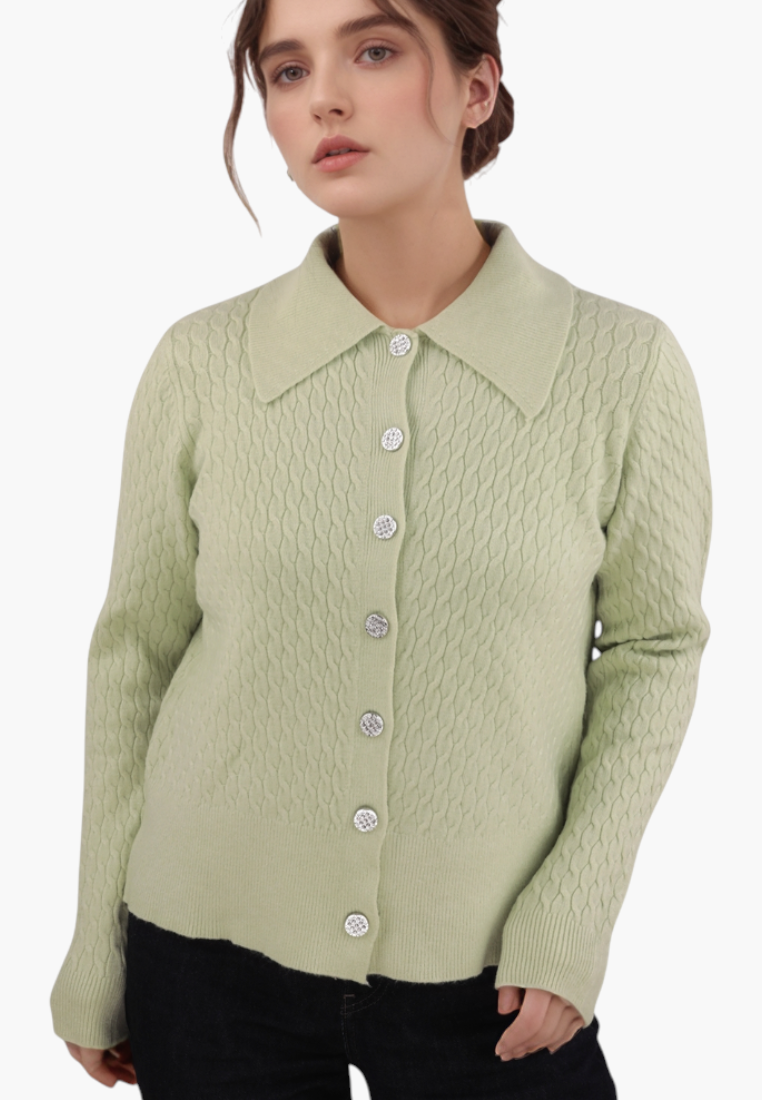 Falio green button-up sweater with a classic collar and textured knit pattern worn by a model
