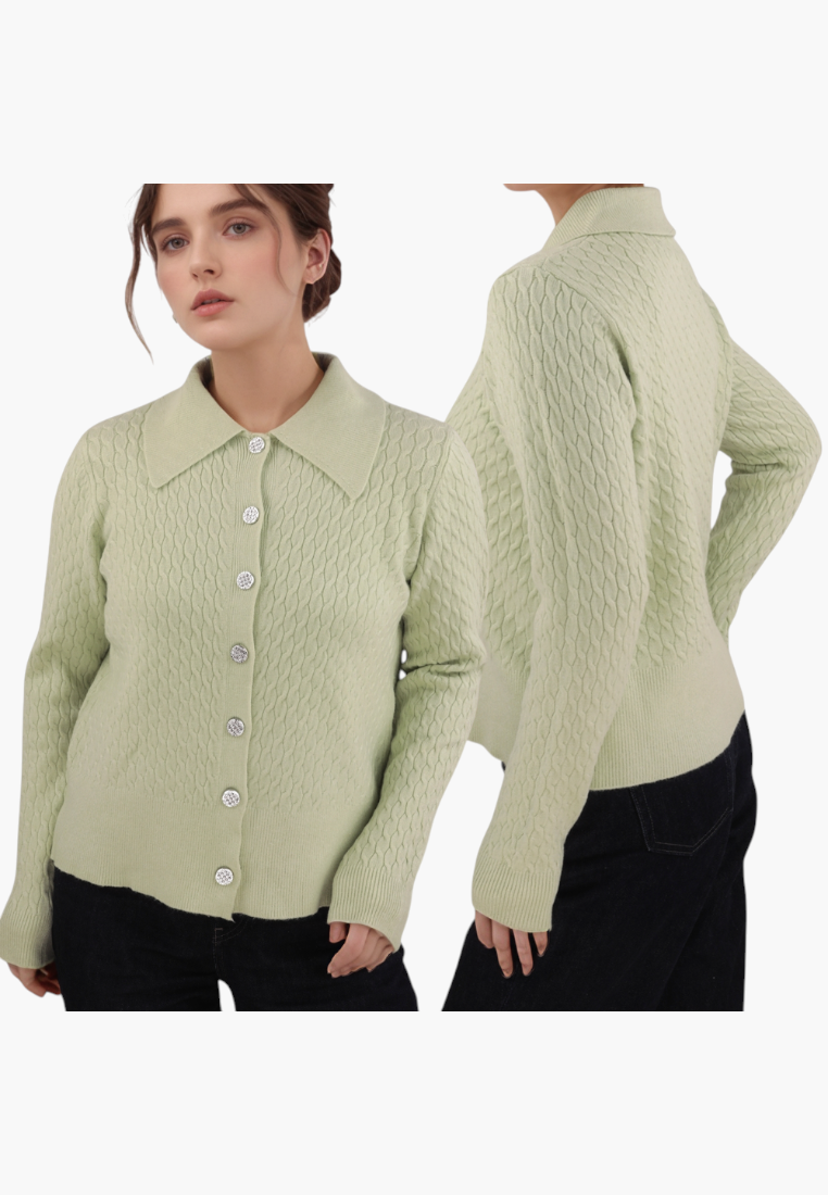 Falio green button-up viscose sweater with a textured cable knit pattern, collar, and long sleeves on a model.