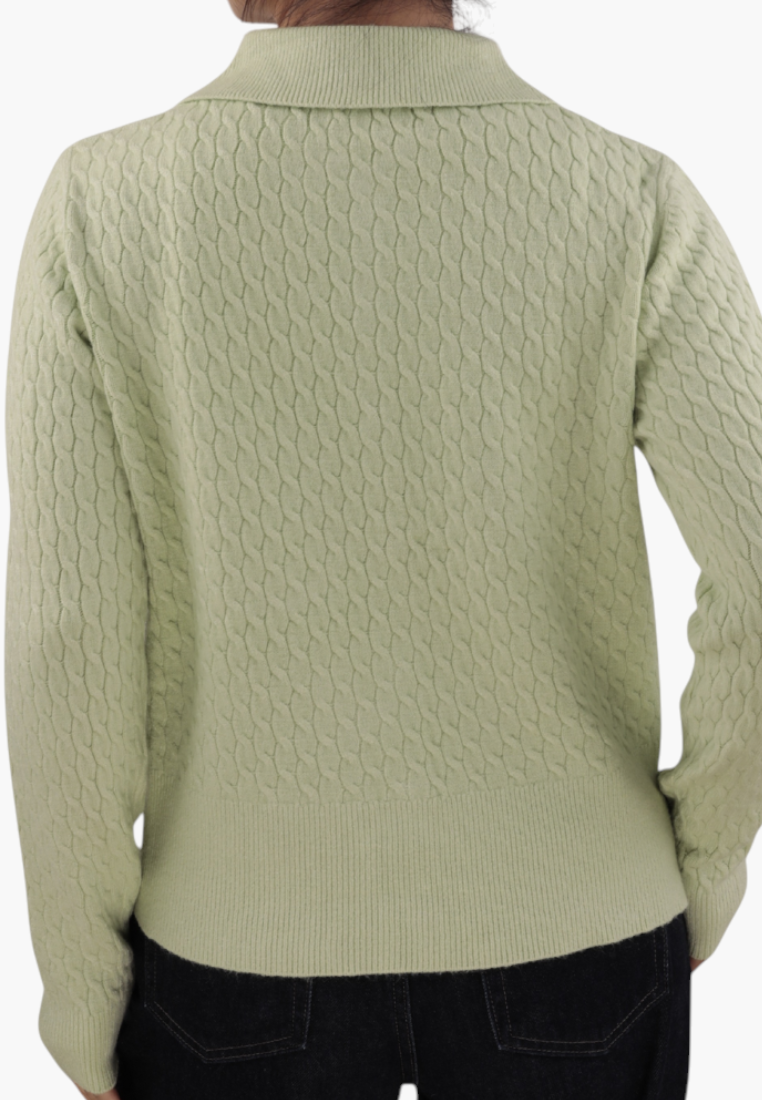 Falio green cable knit sweater with a collar and long sleeves worn by a woman, back view