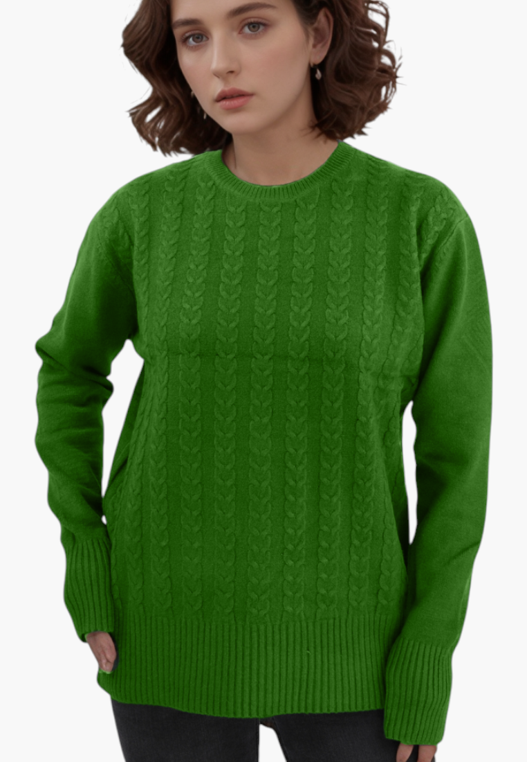 Falio women's green cable knit sweater with a round neckline and long sleeves, worn by a model.