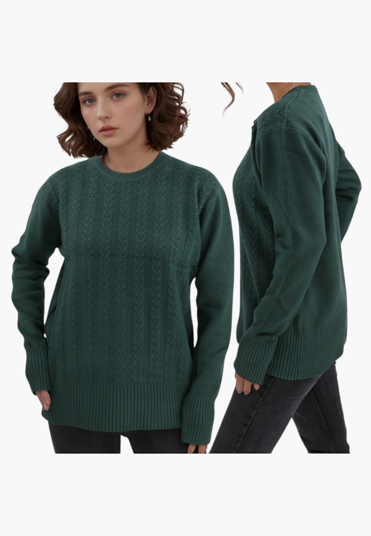 Falio green wool and cashmere blend cable knit sweater with a round neckline worn by a model