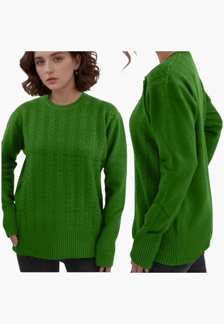Falio women's green cable knit sweater with a round neckline, long sleeves, and soft wool-cashmere blend fabric.