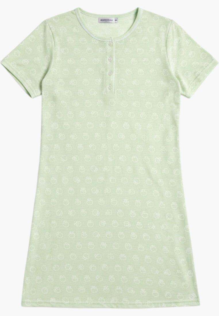 Falio light green cotton nightgown with short sleeves, round neck, and all-over white pattern. Above-the-knee length.