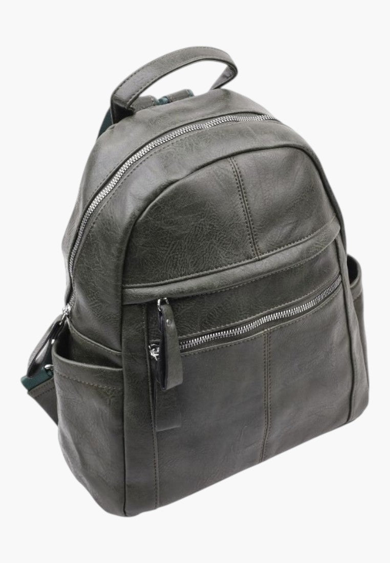 Falio green faux leather urban backpack with multiple zippered compartments and ergonomic straps for daily use