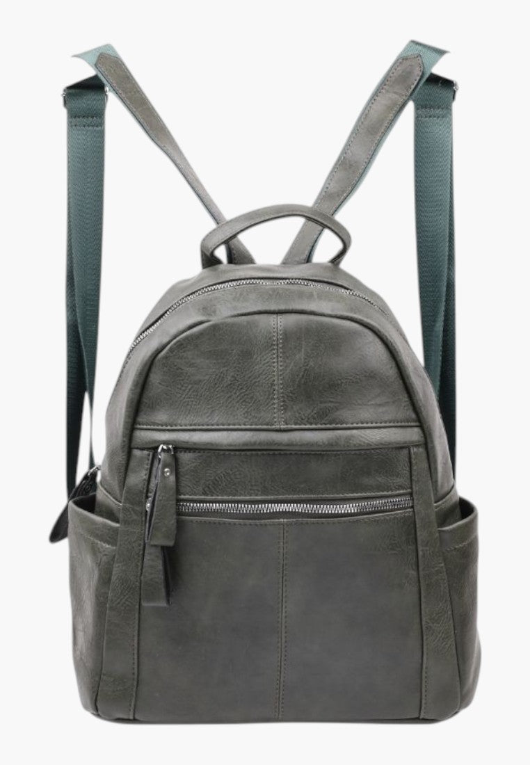 Falio green faux leather urban backpack with multiple zippered pockets and adjustable shoulder straps