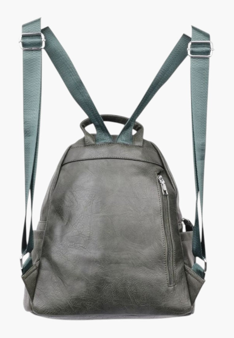 Falio green faux leather urban backpack with adjustable straps and multiple zippered compartments for daily use