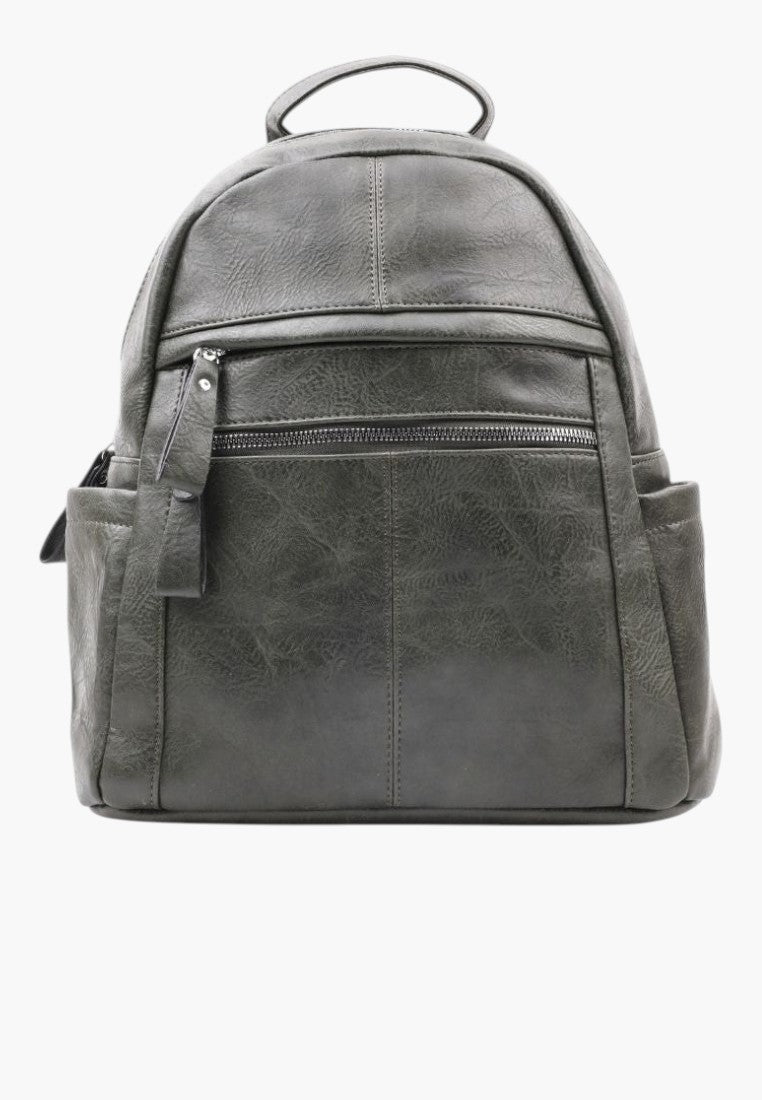 Falio green faux leather urban backpack with multiple zippered pockets and ergonomic straps for daily use